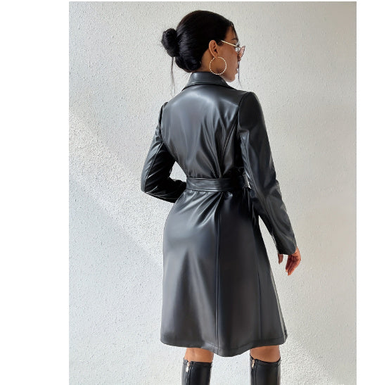 PU Long Sleeve Women's Slim Fit Long Trench Coat