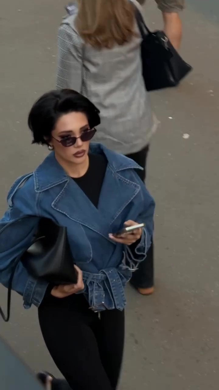 Elegant Belted Cropped Denim Jacket