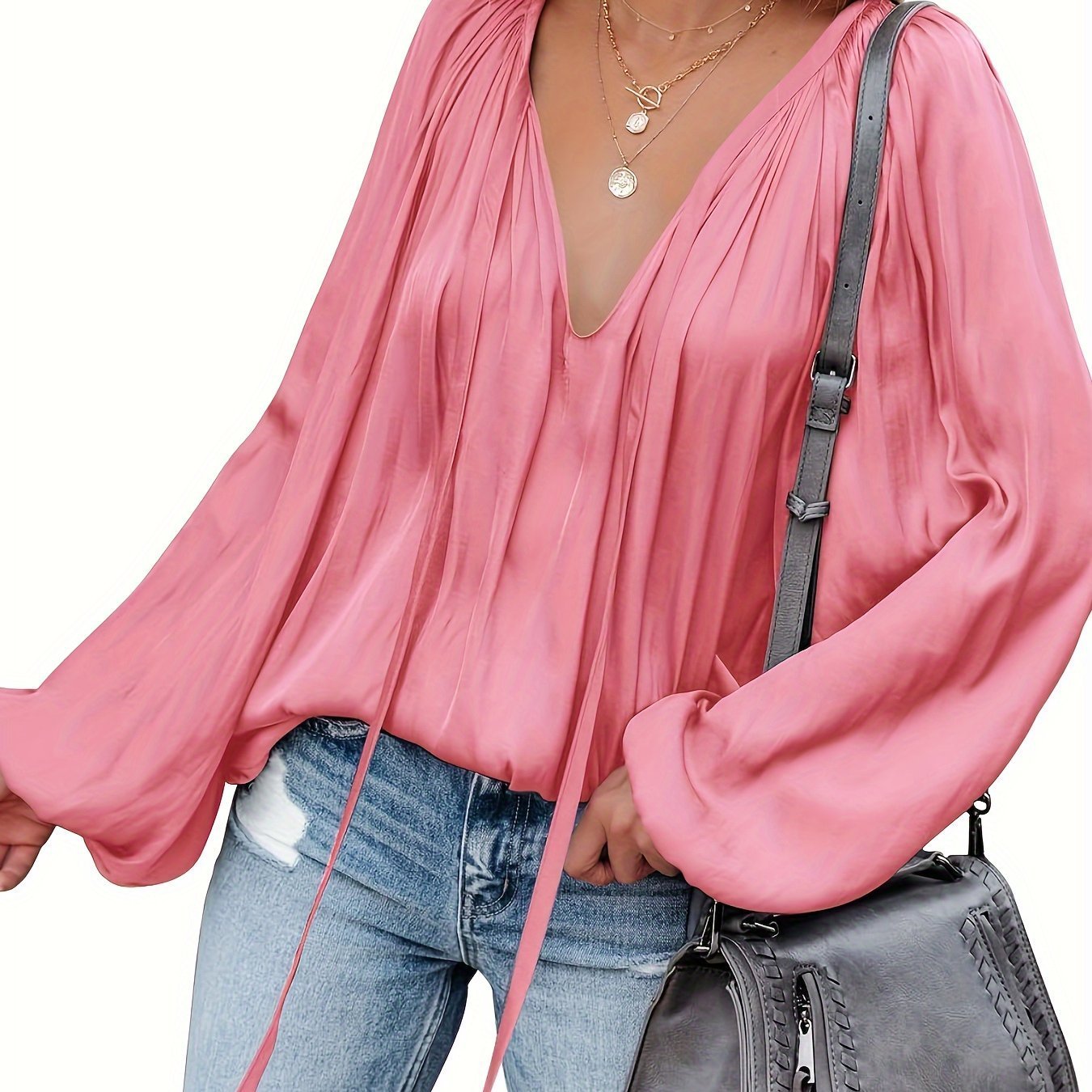 Women's Satin V-neck Long Sleeve Shirt Casual