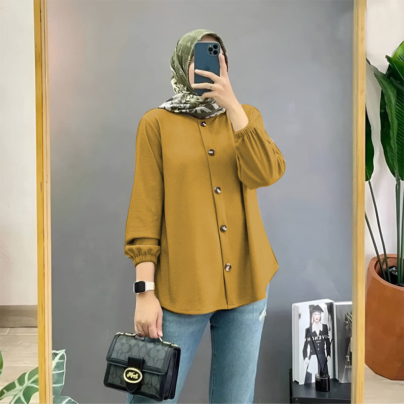 Muslim Ice Silk Wrinkle Stand-up Collar Literary Vintage Cardigan Loose Shirt Women