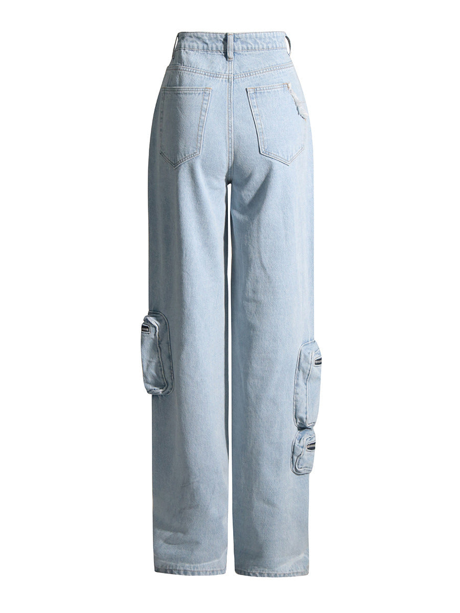 Vintage Light Blue Washed High-waisted Tooling Jeans For Women