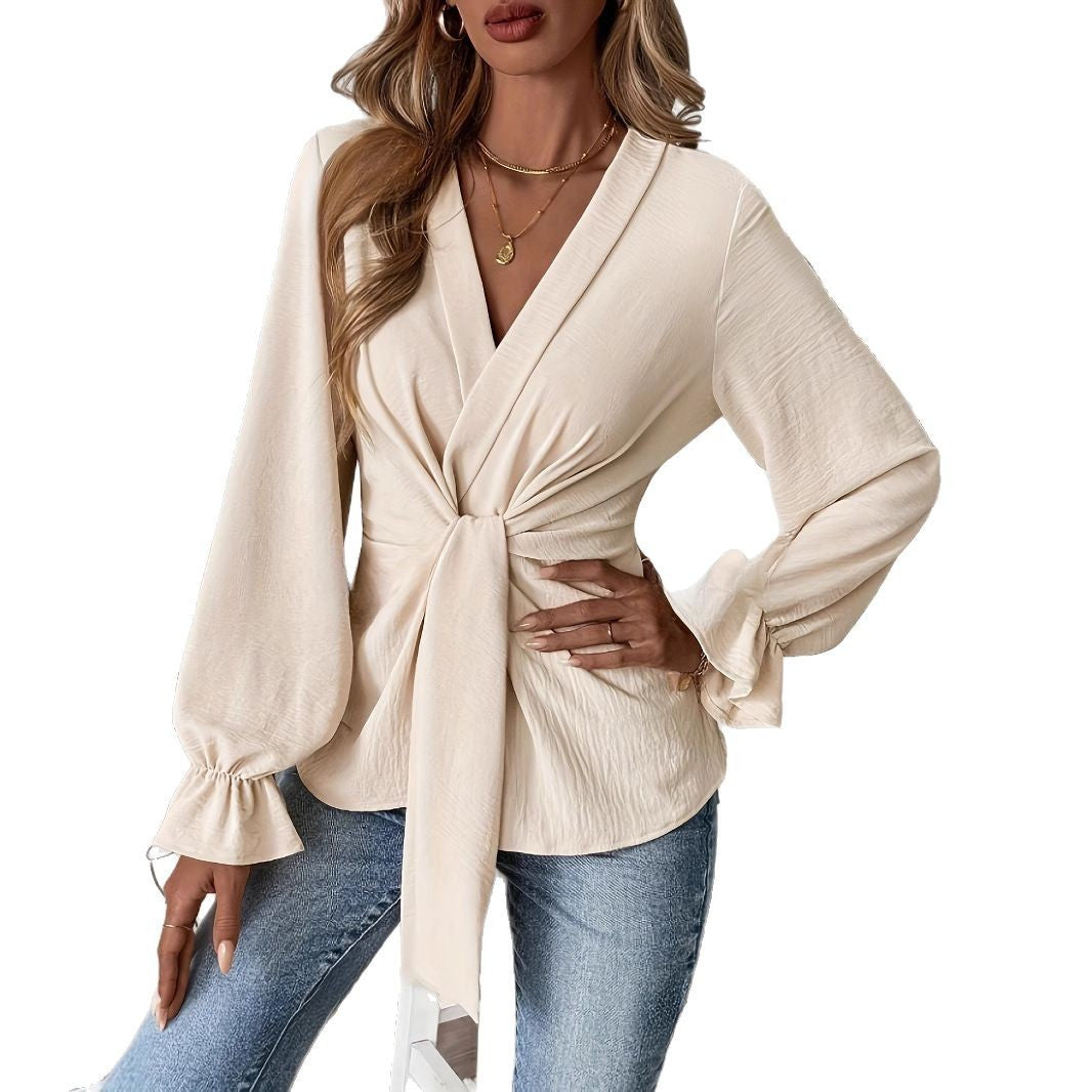 Women's Solid Color Elegant V-neck Long Sleeve Shirt Top