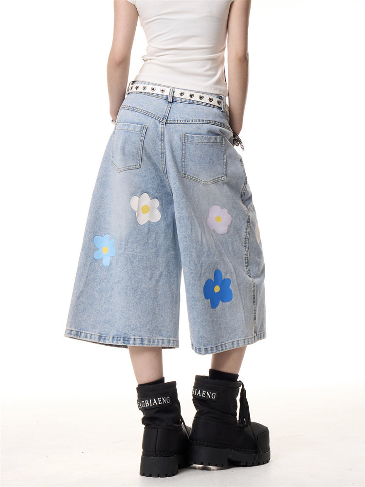 American Vintage Small Flower Loose Straight-leg Denim Cropped Pants For Women