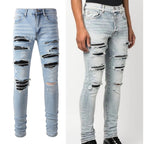 Leather Patched Holes, Elastic Slim Fitting Jeans For Men