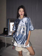 Retro V-neck Splicing Letter Print Short-sleeve