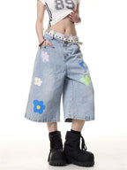 American Vintage Small Flower Loose Straight-leg Denim Cropped Pants For Women