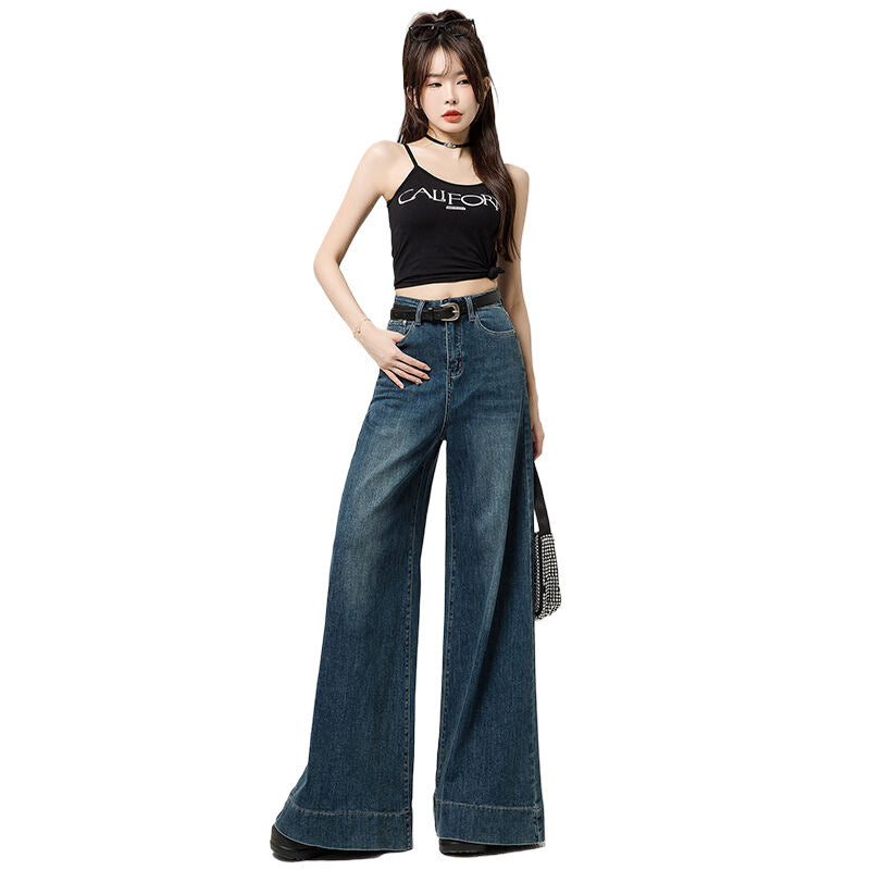 Dark Blue Narrow Version Korean Simple High Waist Loose Small Mop Wide Leg Pants