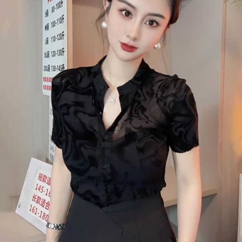 New Summer Black Mesh Short Sleeve Shirt For Women