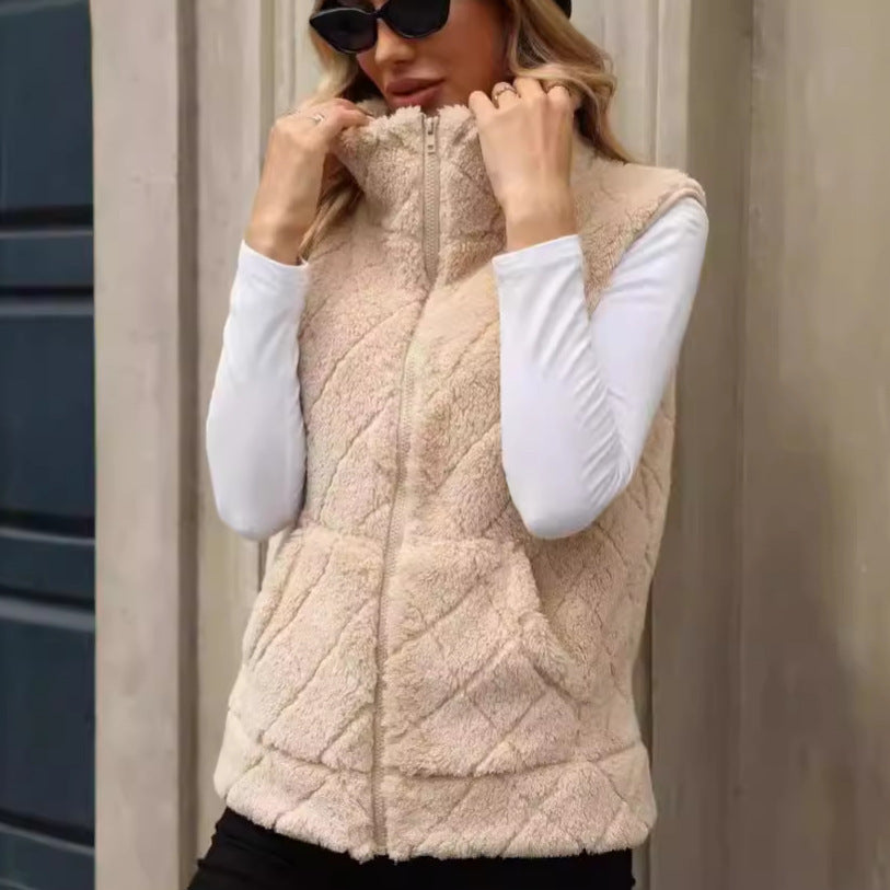 Loose Zip Diamond Lattice Coat Plush Vest